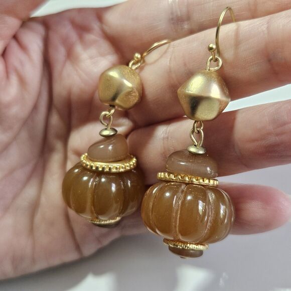 Cato Gold Tone Chunky Tan Beaded Dangling Earrings - Picture 5 of 14